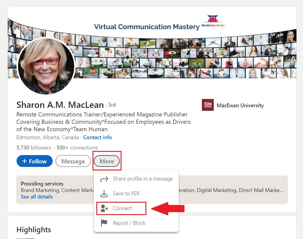 Image showing a LinkedIn profile that has no immediately visible connect button and describing how to connect with someone on LinkedIn this way