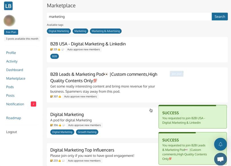 Linkboost Marketplace Screenshot
