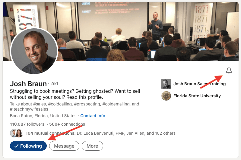Activate the bell feature on LinkedIn