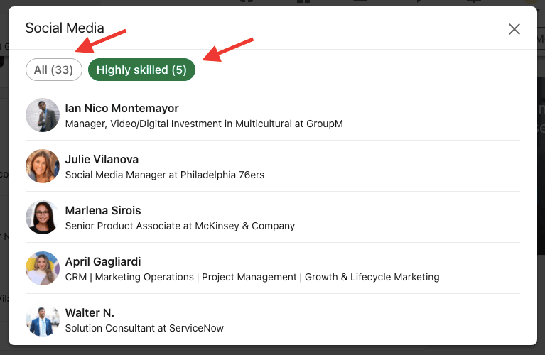 Skills section on LinkedIn highly skilled section