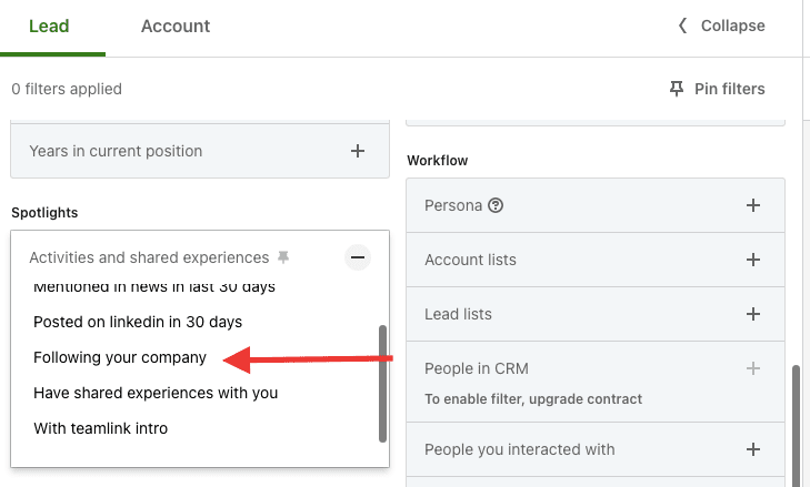 Spotlights filters - following your company