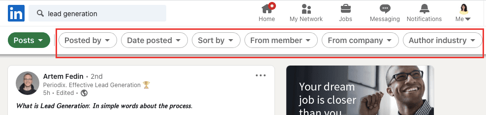 Filtering options LinkedIn content