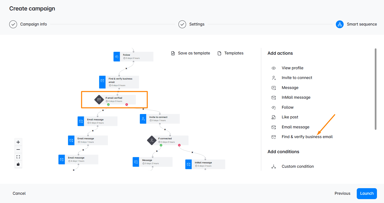 Smart sequence example in Skylead with the find and verify email step included