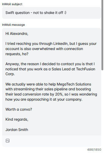 LinkedIn inMail example using past client wins