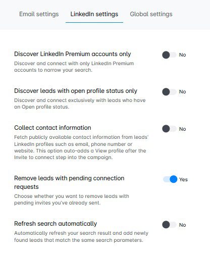 LinkedIn settings in Skylead