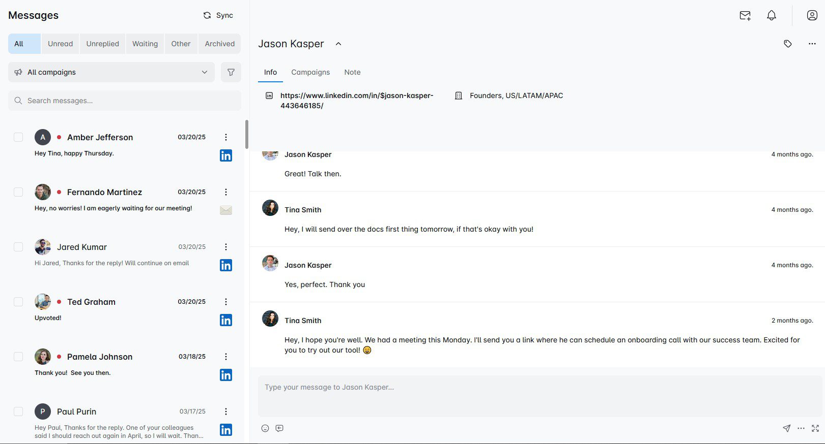 Smart inbox in Skylead where all of the LinkedIn cold messages and emails are