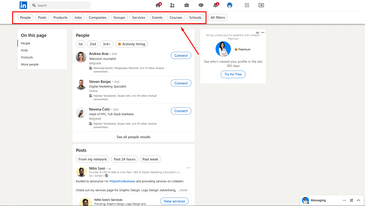 LinkedIn Advanced Search - Primary filters