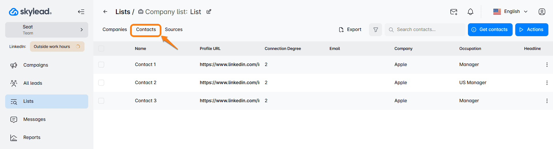Business decision-makers in a contact list in Skylead - an AI account-based sales engagement platform and LinkedIn automation tool