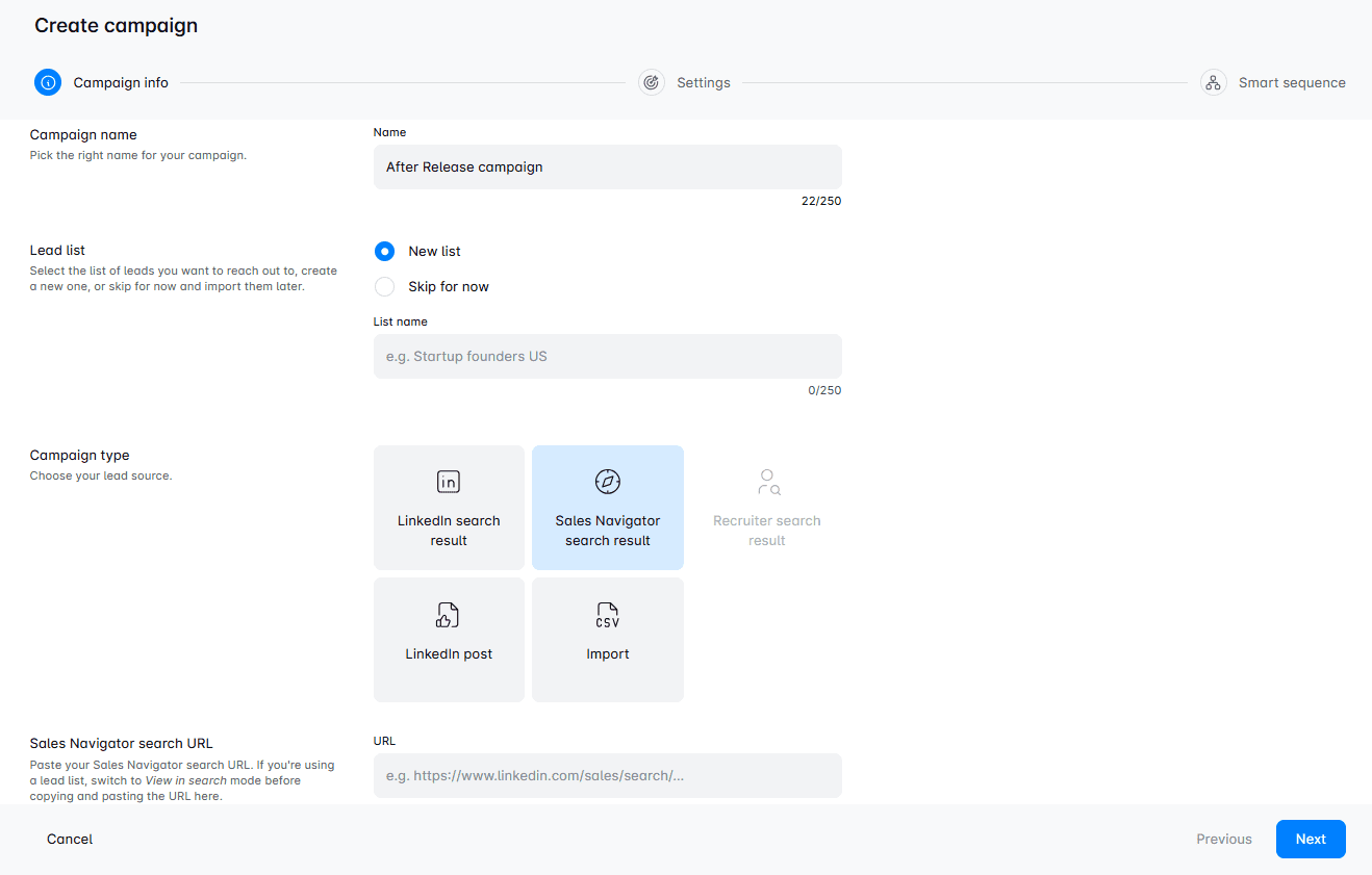 Campaign creation page in Skylead