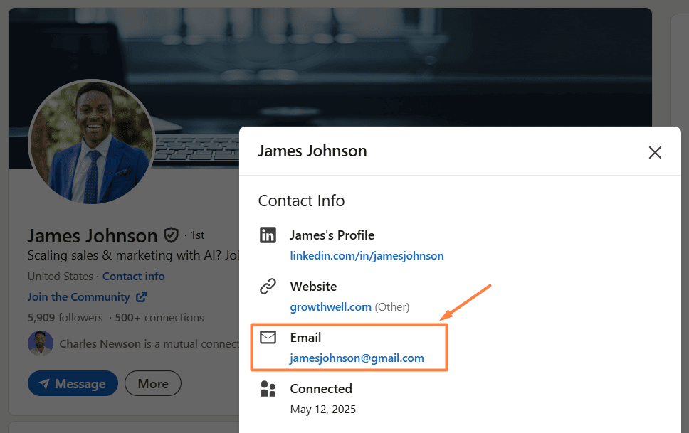 How to find someone's email on LinkedIn through contact info section