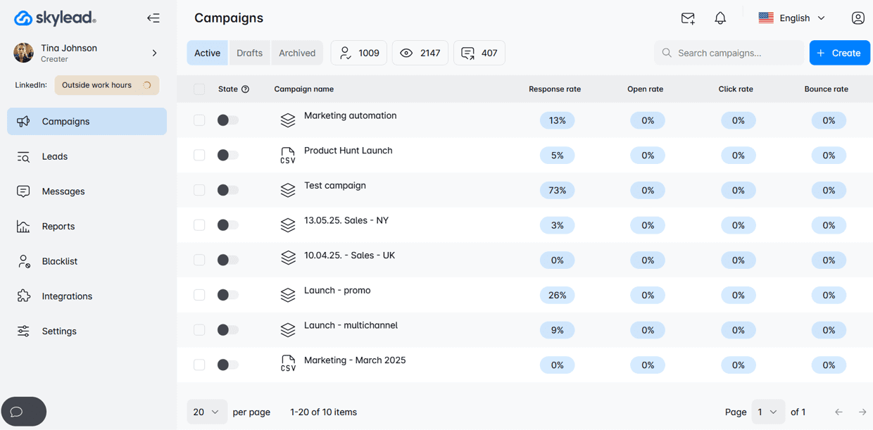 Dashboard of a sales engagement tool - Skylead