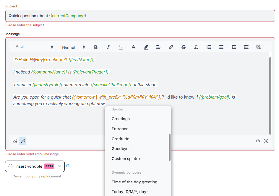 Variables, spintax and liquid syntax inside of an email written in a sales engagement tool - Skylead