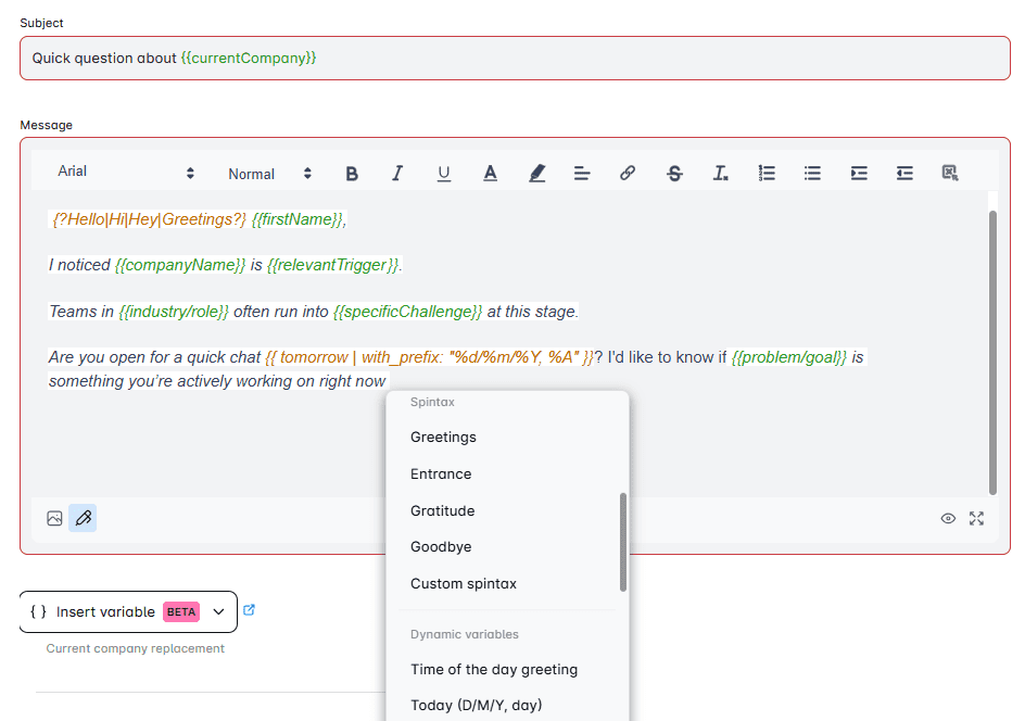 A LinkedIn cold message personalized using variables, liquid syntax and spintax.