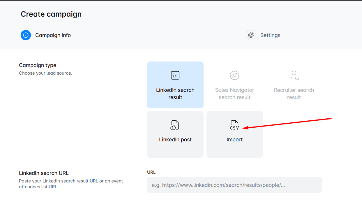 Import CSV button in Skylead
