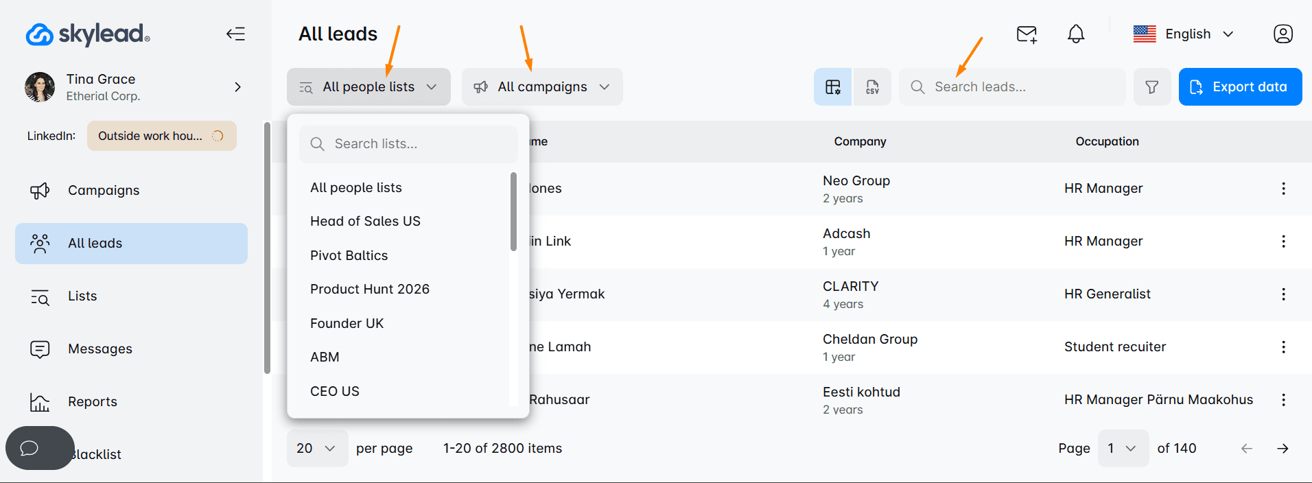 A picture showing how to further filter the leads through the All leads page in Skylead