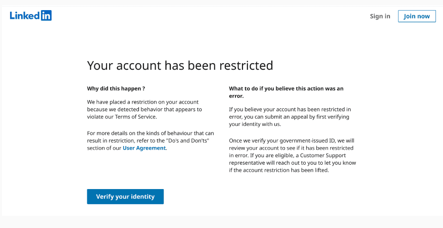 LinkedIn account restricted notification message 