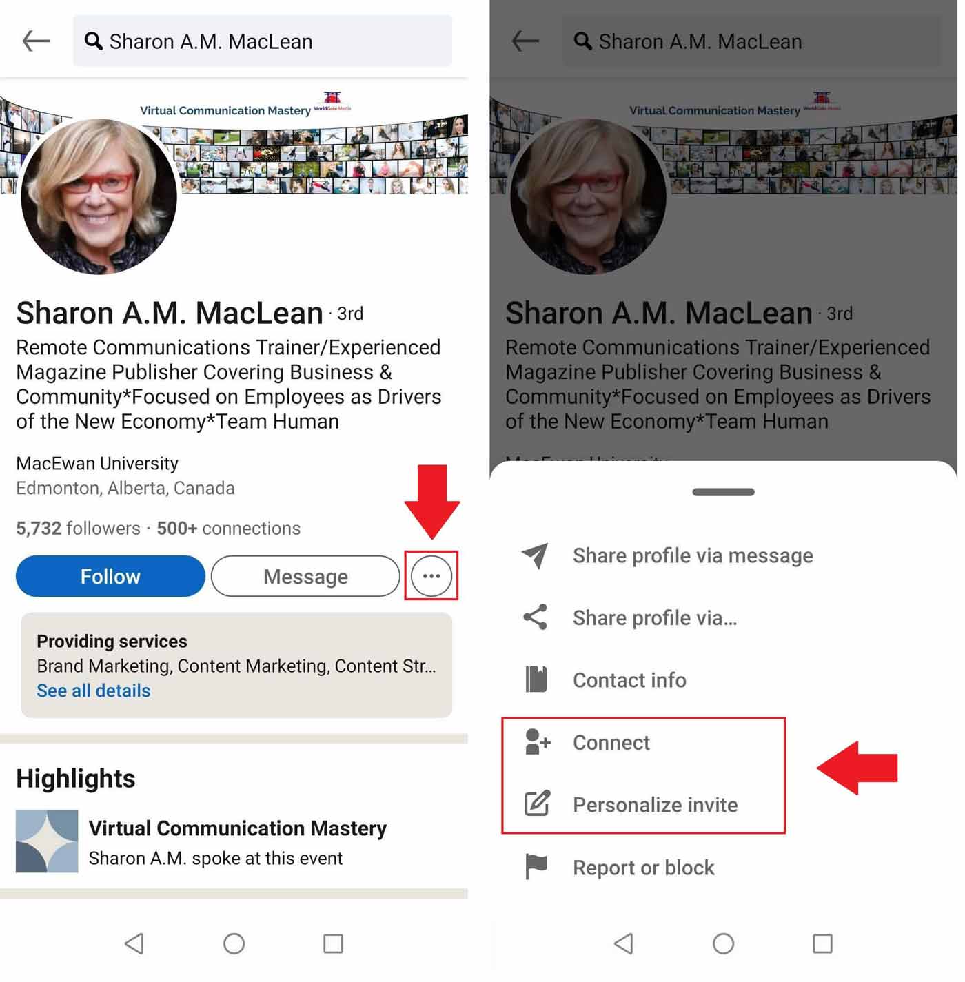 Image showing how to connect with someone on LinkedIn app when there is no immediately visible Connect button