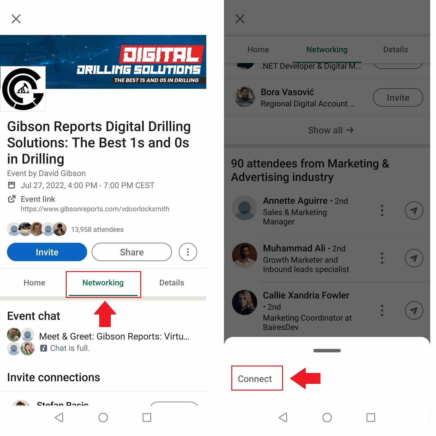 Image showing how to connect on LinkedIn with someone who attended an event using LinkedIn app