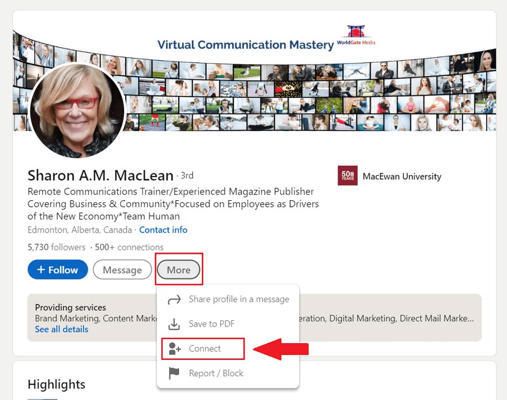 Image showing a LinkedIn profile that has no immediately visible connect button and describing how to connect with someone on LinkedIn  this way