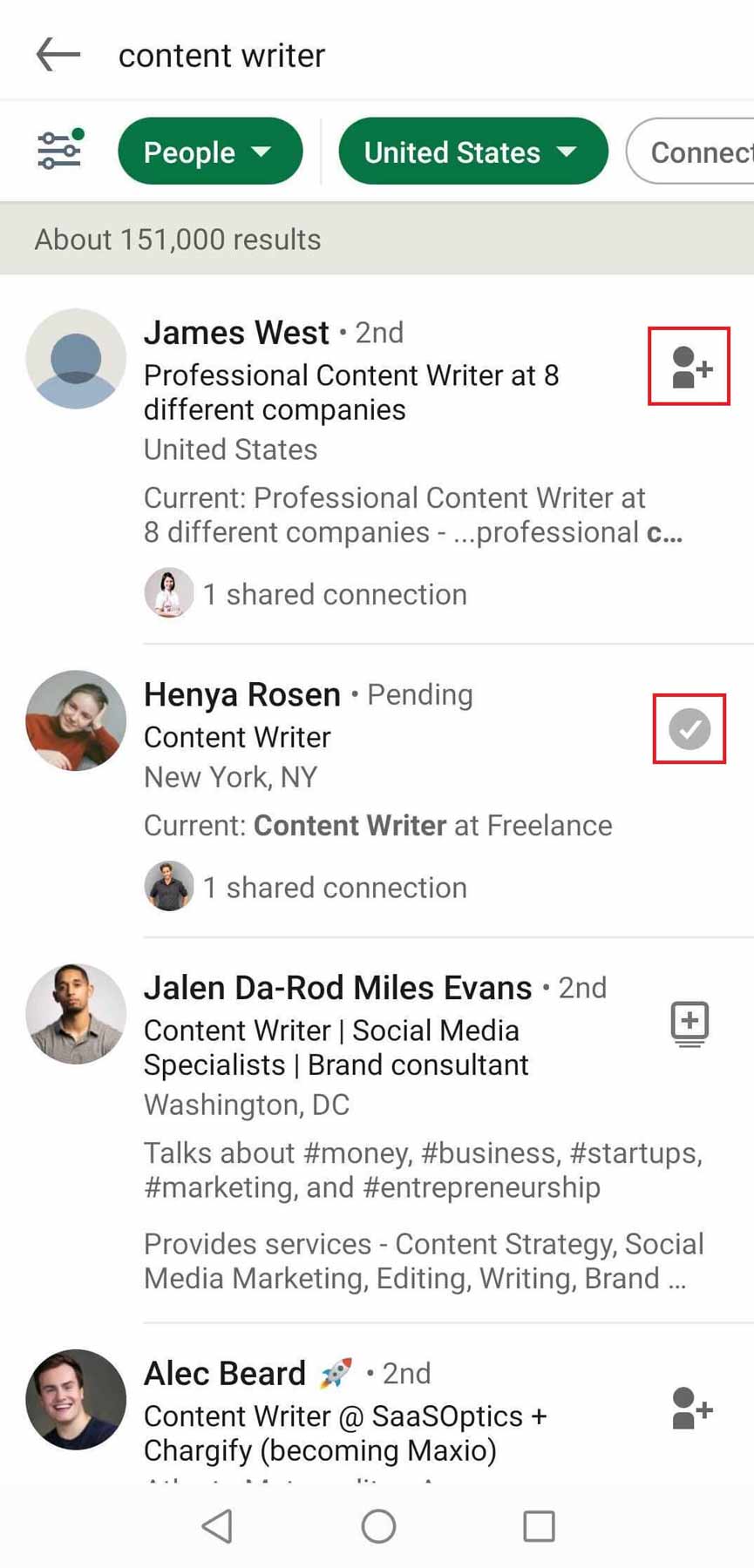 How to connect with someone on LinkedIn app via search results page