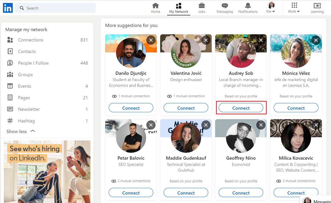 Image of how to connect with someone on LinkedIn via more suggestions option
