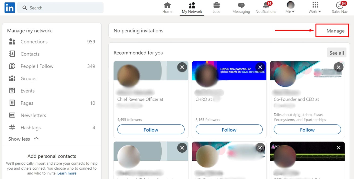 Image of how to cancel LinkedIn invite step 1.2. in case you don't have invites you receive pending