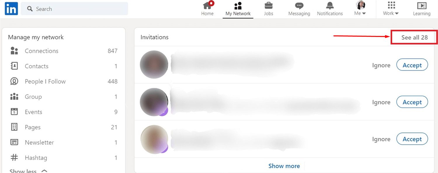 Image of how to cancel LinkedIn invite step 2