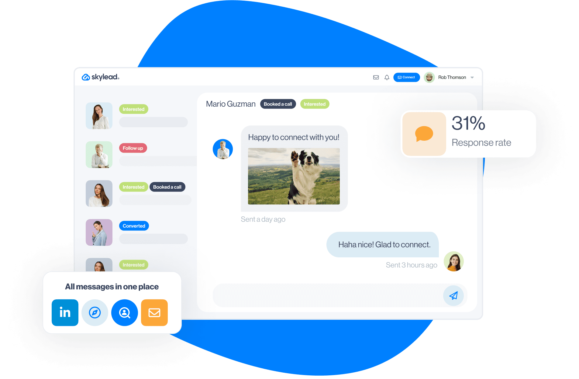 Image of Skylead Smart Inbox with messages integrations box with logos of LinkedIn, Sales Navigator, Recruiter and email along with the card of conversion results - 31% response rate