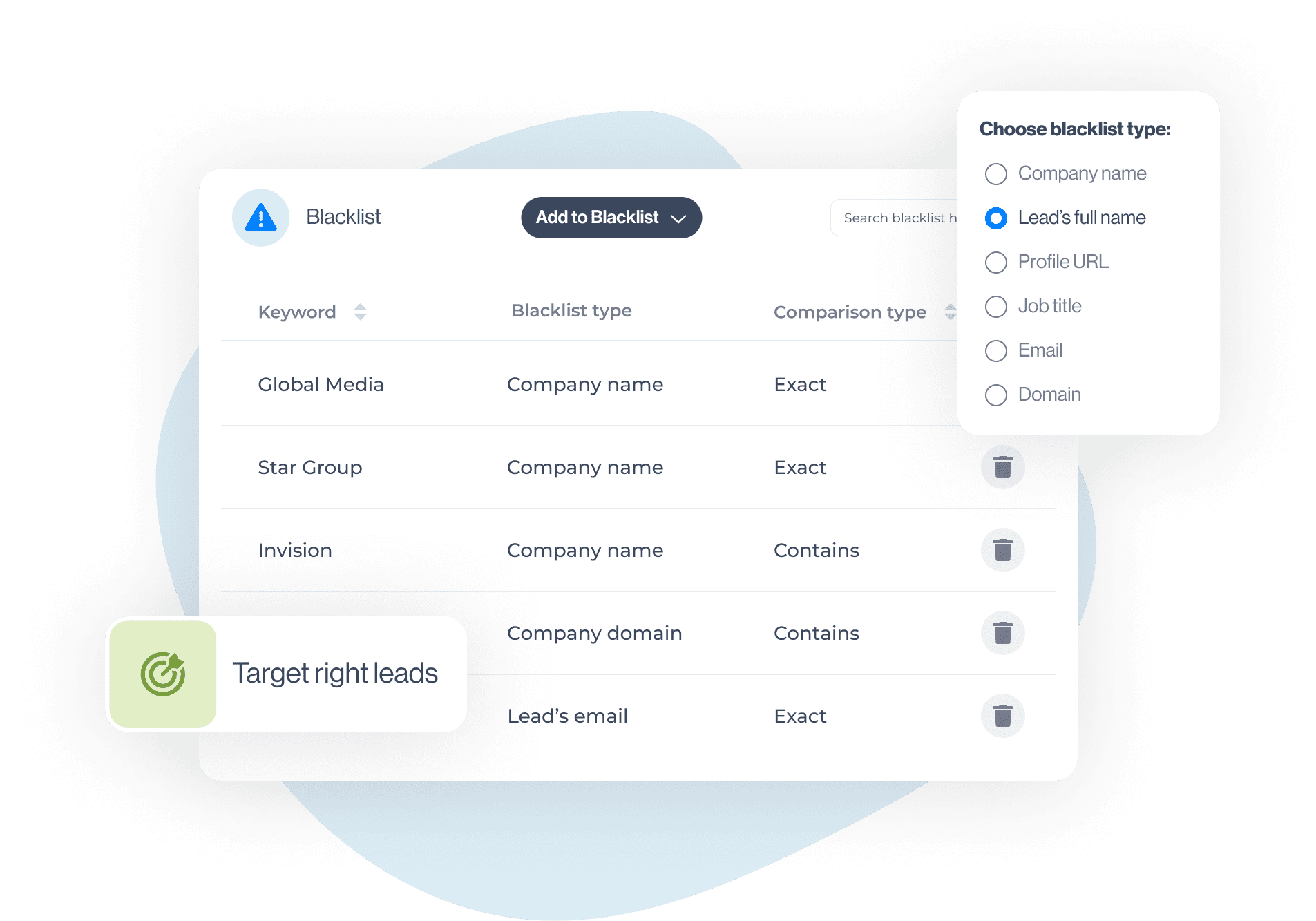 Image of Blacklist option in Skylead and blacklist types with light blue shape behind it