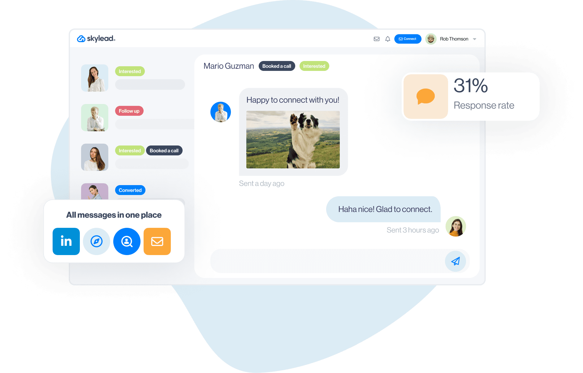 Image of Skylead Smart Inbox with messages integrations box with logos of LinkedIn, Sales Navigator, Recruiter and email along with the card of conversion results - 31% response rate