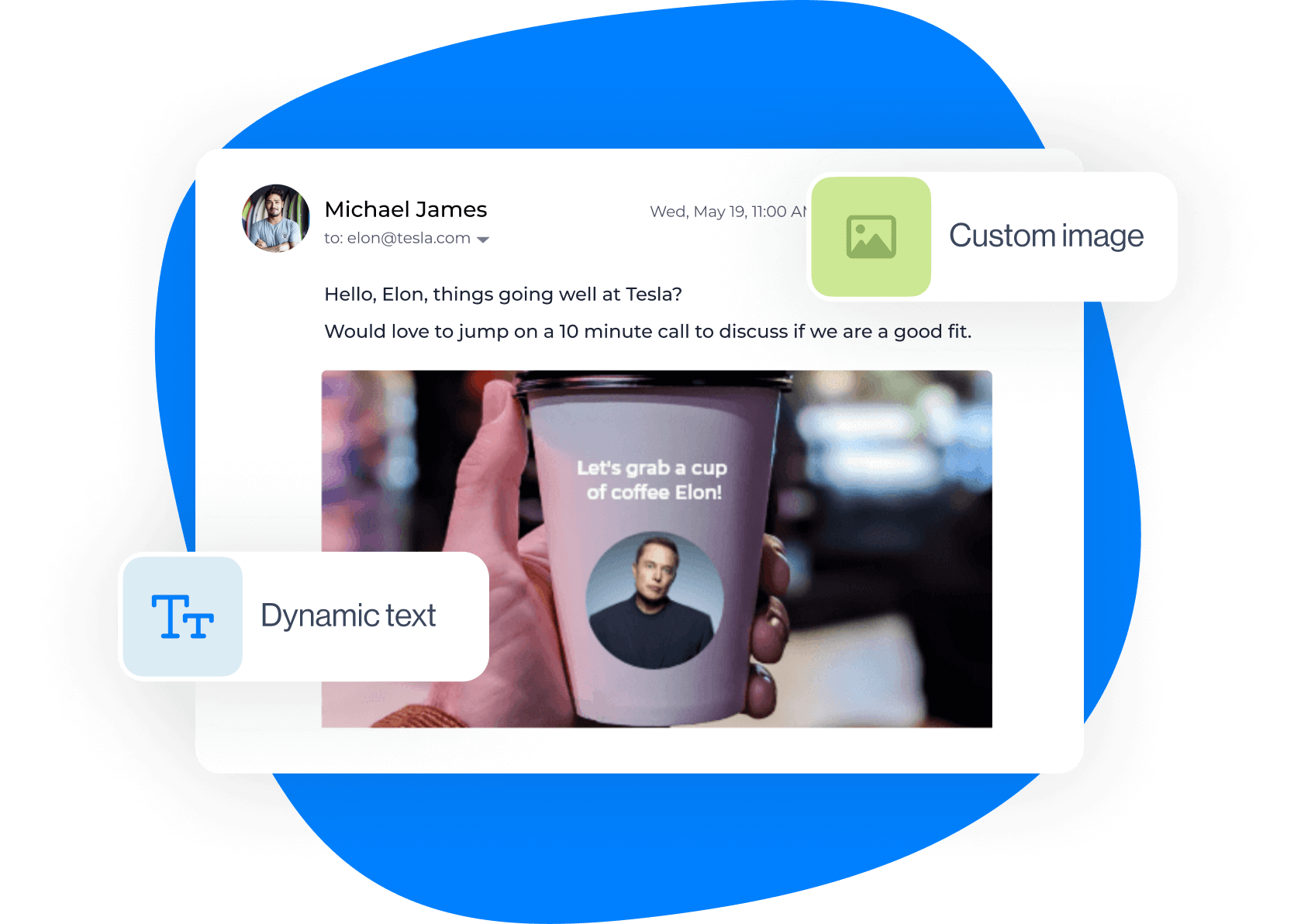 Image of Skylead's feature of image personalization and how it looks like in an email; cards with Dynamic text and Custom image text