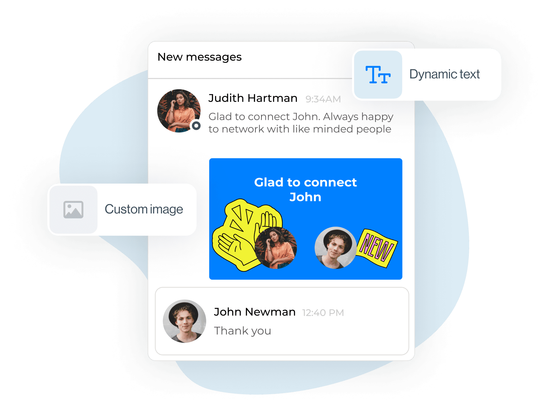 Image of chat with personalized image with user's and the lead's image, Dynamic text and Custom image cards
