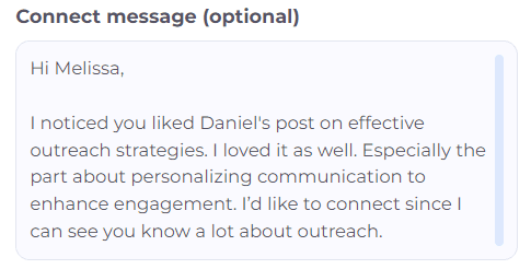 LinkedIn cold message example; connection request that mentions something in common