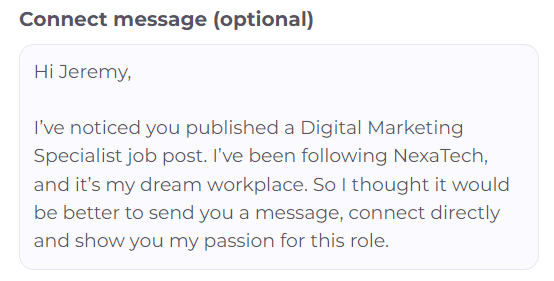 LinkedIn cold message example for job seekers