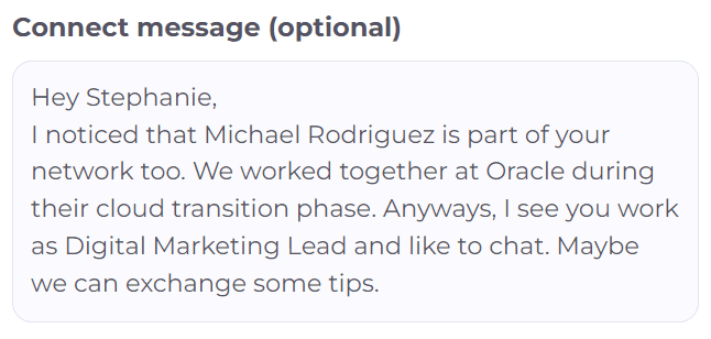 LinkedIn cold message real-life example that mentions a shared connection