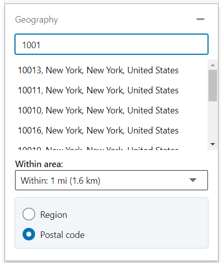 Geography, postal code filter