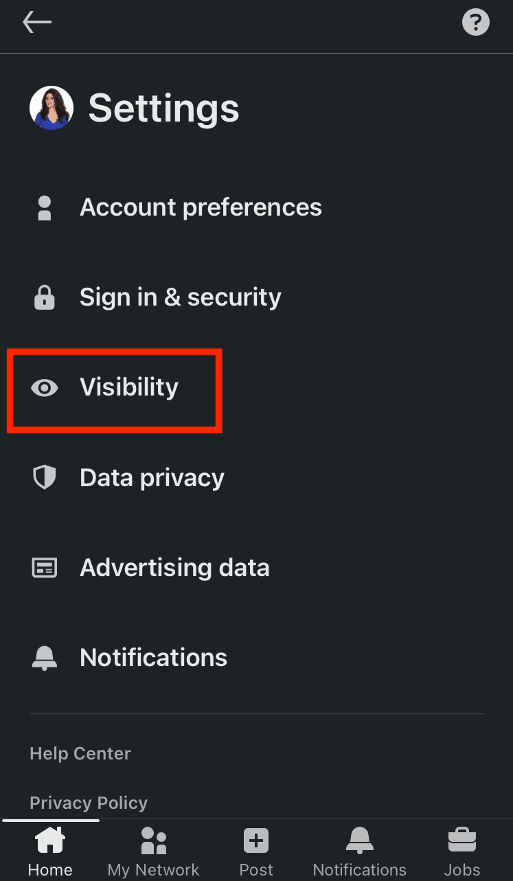 How to set up LinkedIn private mode on mobile - step 3 - Visibility 