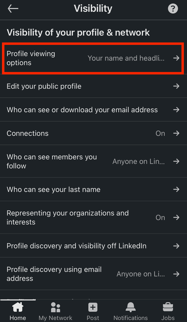 How to set up LinkedIn private mode on mobile - step 4 - Profile viewing options 