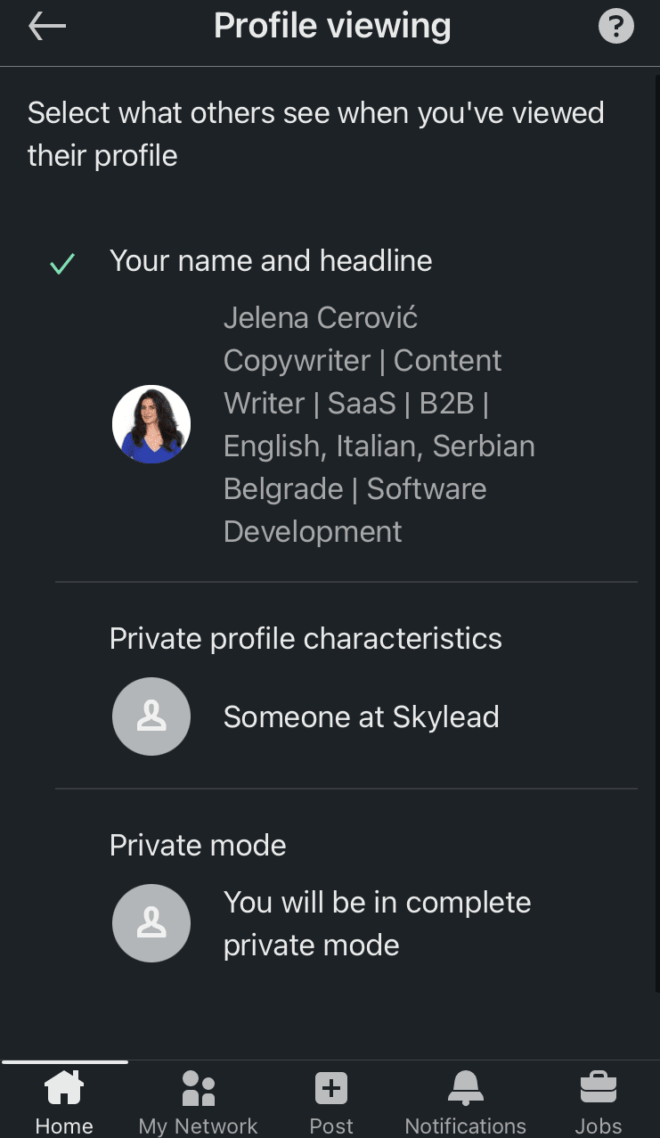 How to set up LinkedIn private mode on mobile - choose the visibility mode 