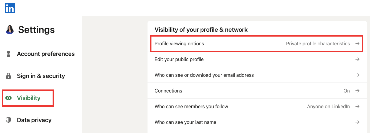 LinkedIn, Settings - Visibility - Profile viewing options