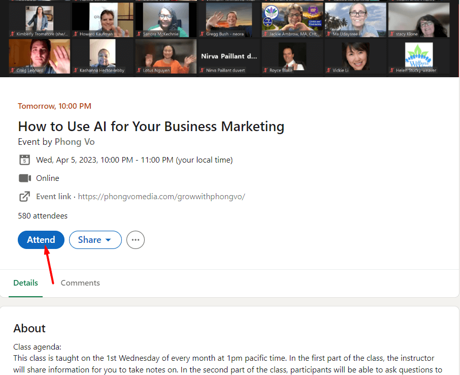 Image of how to find members of LinkedIn events for the outreach