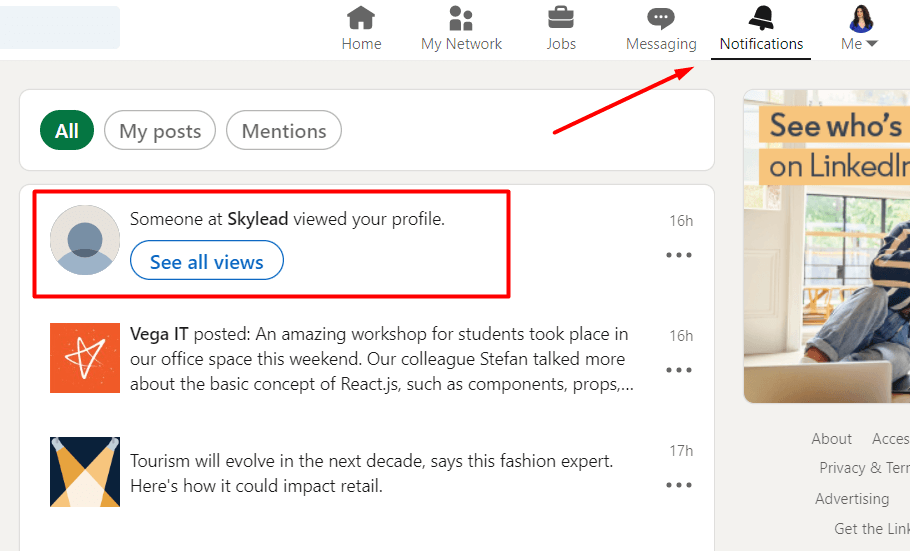 Notifications LinkedIn, what semi-private and private mode notification looks like