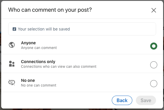 Image of how to create LinkedIn poll, who can comment on your post option, step 6
