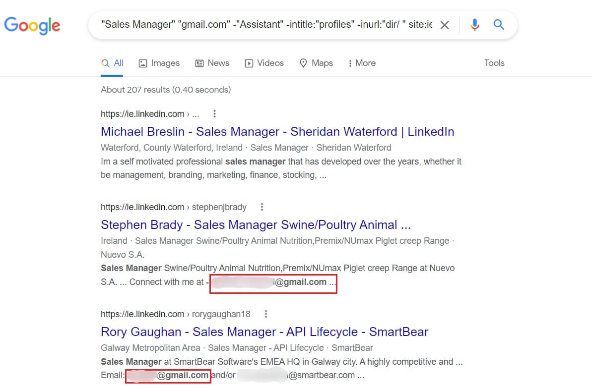 Image of Google search results to find email addresses using LinkedIn Xray