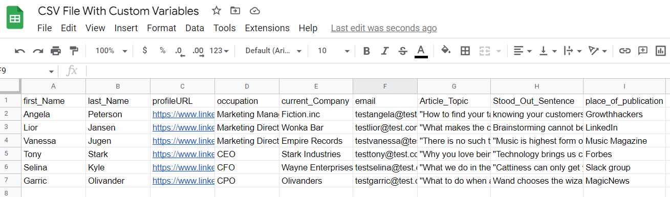 Image of CSV file example to create for Skylead once you find and generate all sales leads