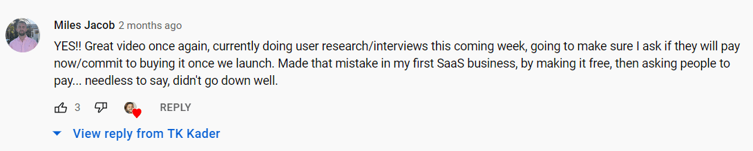 Image of YouTube comment, example of finding and generating sales leads outside of LinkedIn