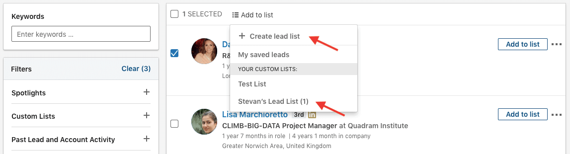 Image of how to add a lead to the custom list