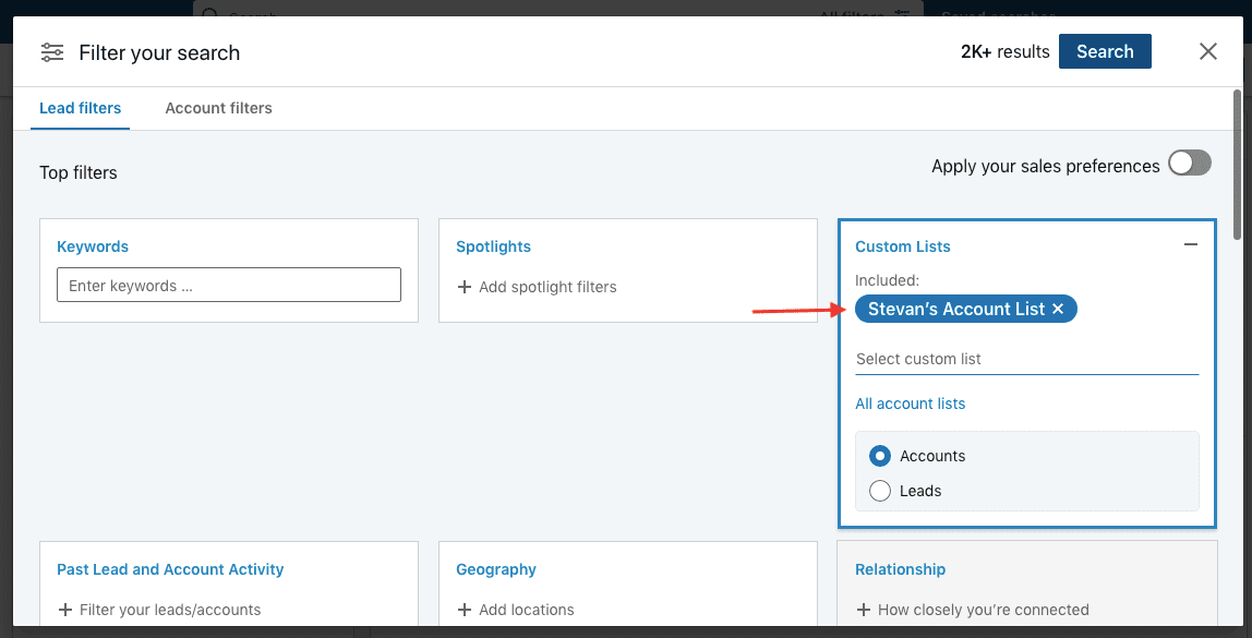 Sales Navigator custom lists filter, Image of how to find people who work in the same company