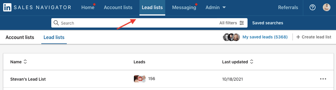 Image of where to find lead lists in sales navigator after finding leads