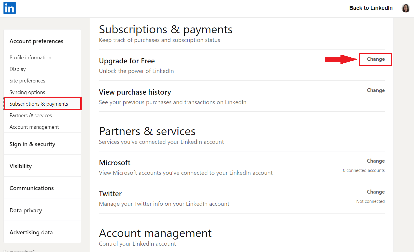 Image of Subscription and Payment option in LinkedIn account
